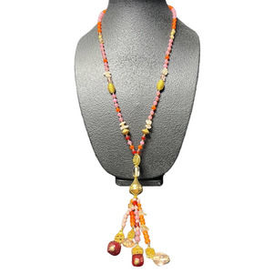 Vintage Diane Von Furstenberg Pink, Orange And Red Glass Beaded Tassel Necklace